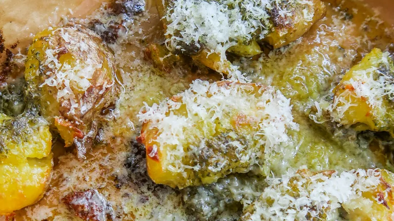Krispig smashed potatoes i ugn med parmesan och örtsmör
